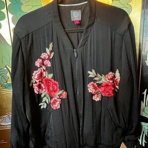Vince Camuto Black Bomber Jacket with Red Floral Embroidery